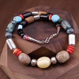 Vintage Thomas Singer Sterling Turquoise Coral, Stone Choker Necklace No Tag